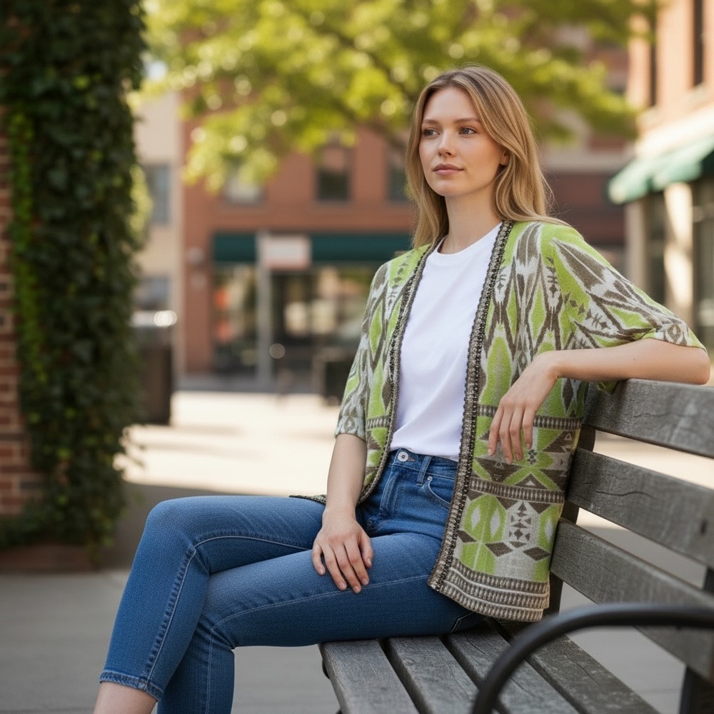 Chico's Sz 0/Small Beaded Lime Taupe Cardigan